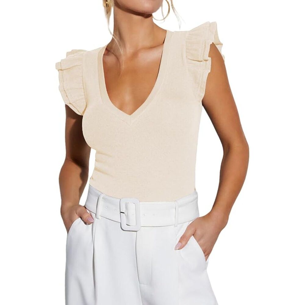 Sleeveless Tops V Neck Ruffle Light Beige Shirt, Small, 13M-203T009